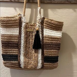 Brown and White Woven Tote Bag